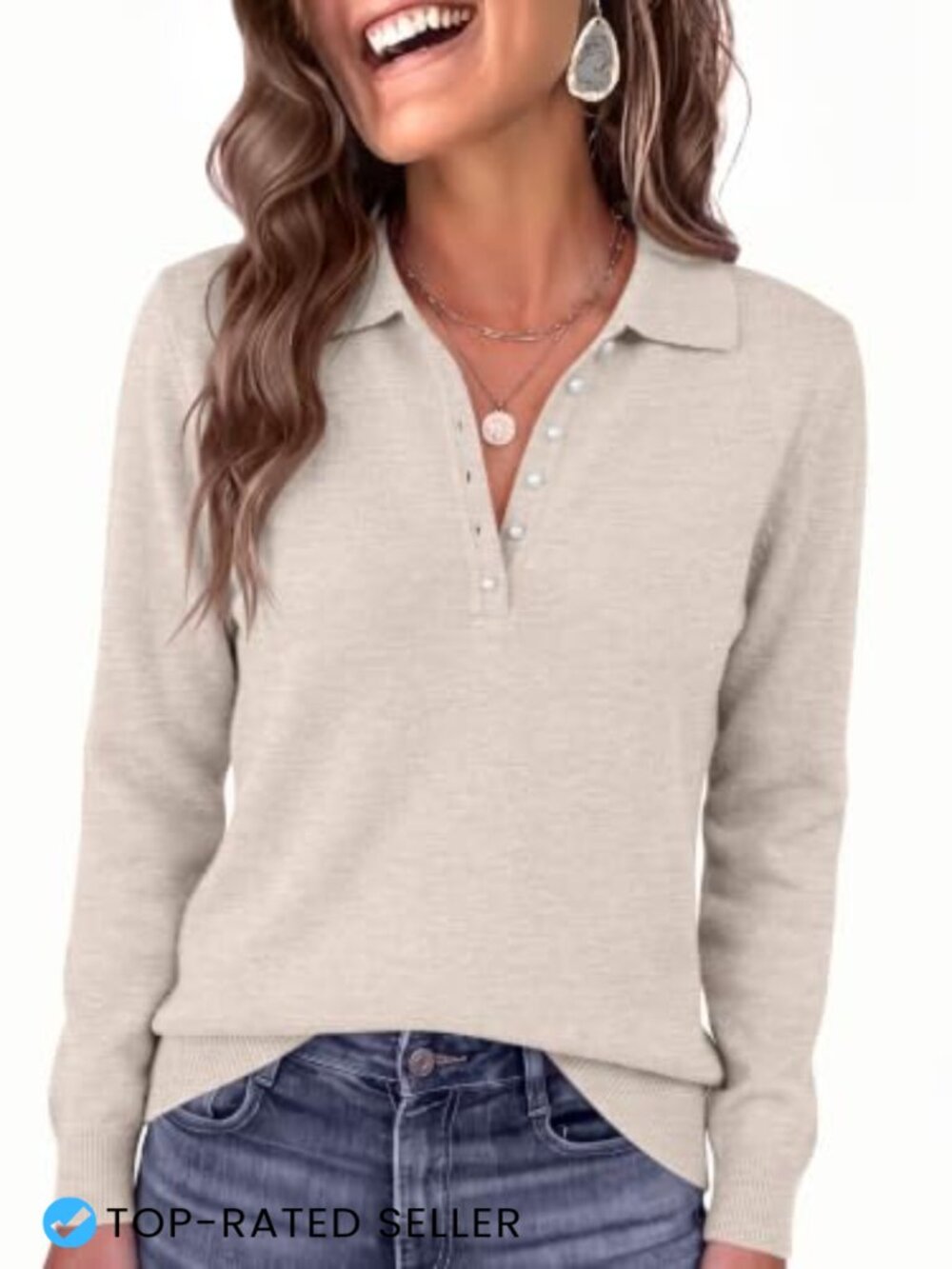 Polo Sweater Long Sleeve Pearl Button Knit Pullover Top Casual
